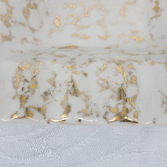 22 KT Gold White Ashtray Hand Painted 5" X 4" 10 Cigarette Slots Vintage MCM - Picture 10 of 12